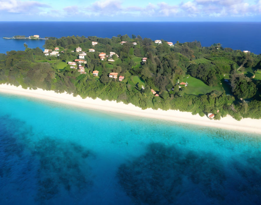 Tropical coastline with turquoise waters, white sandy beach, lush greenery, scattered houses