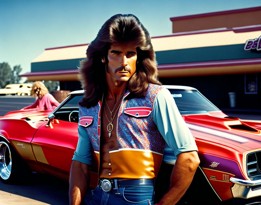 Man with Mullet and Mustache in 70s Outfit by Muscle Car