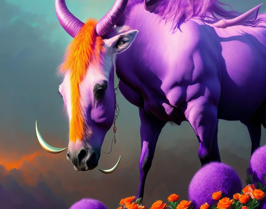 Purple bull with unicorn horn in surreal setting