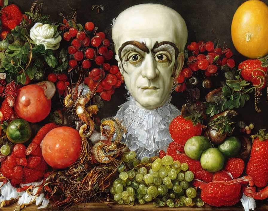 Surreal fruit still life with oversized eyes on a human head