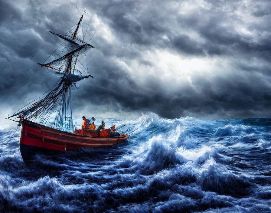 Sailing ship navigating stormy seas under dramatic sky