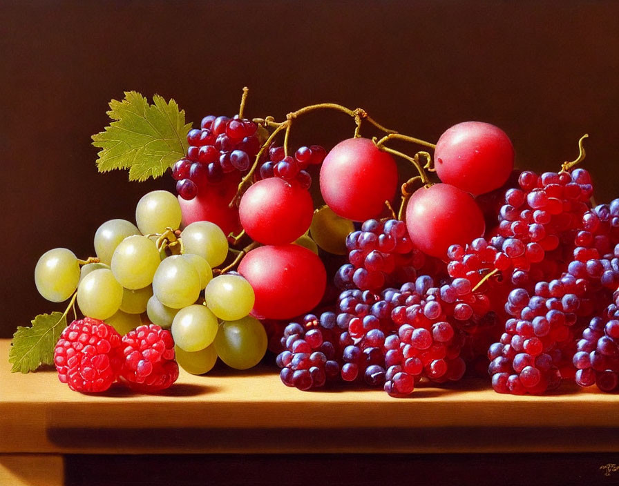 Colorful Grape Still Life Painting on Dark Surface