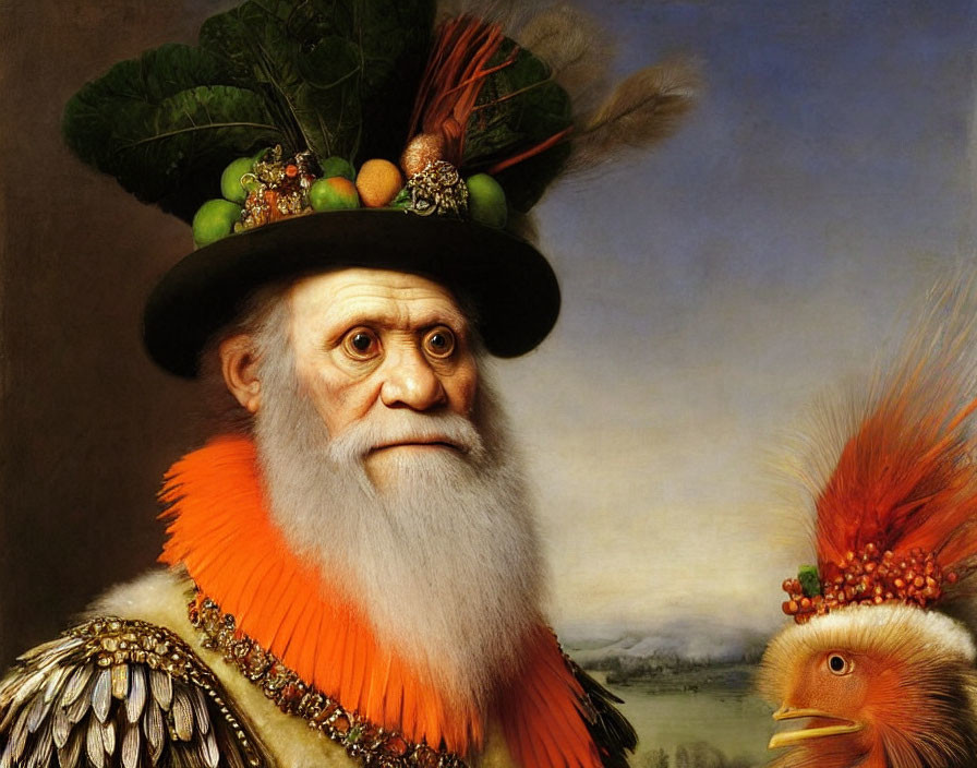 Elderly Man with White Beard in Fruit and Feather Hat Portrait