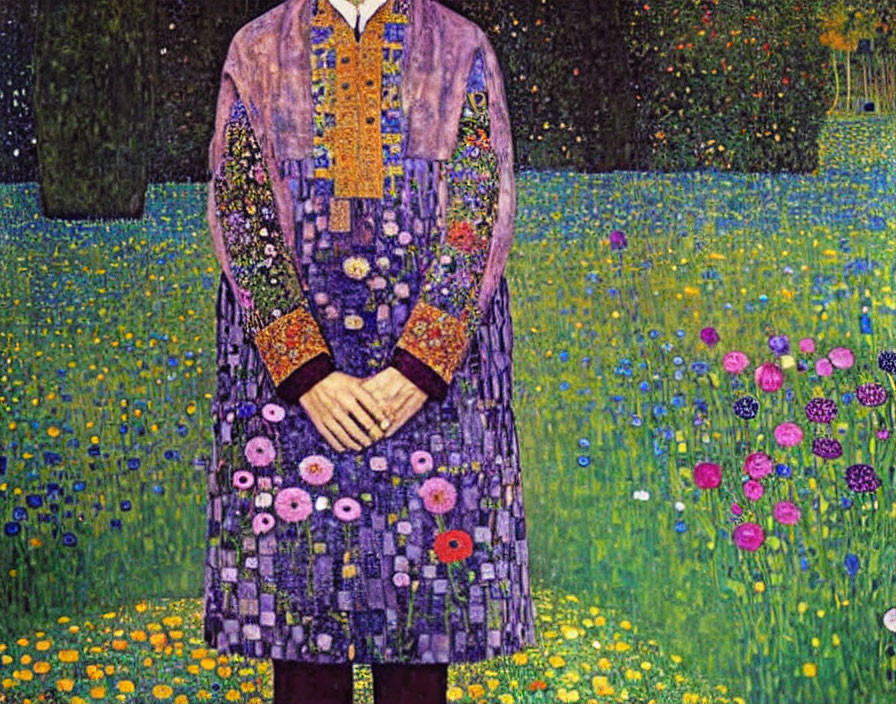 Figure in Flower Field with Patchwork Coat and Blurred Face