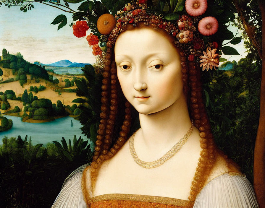 Renaissance painting: Woman with elaborate fruit, flower, and bead headdress.
