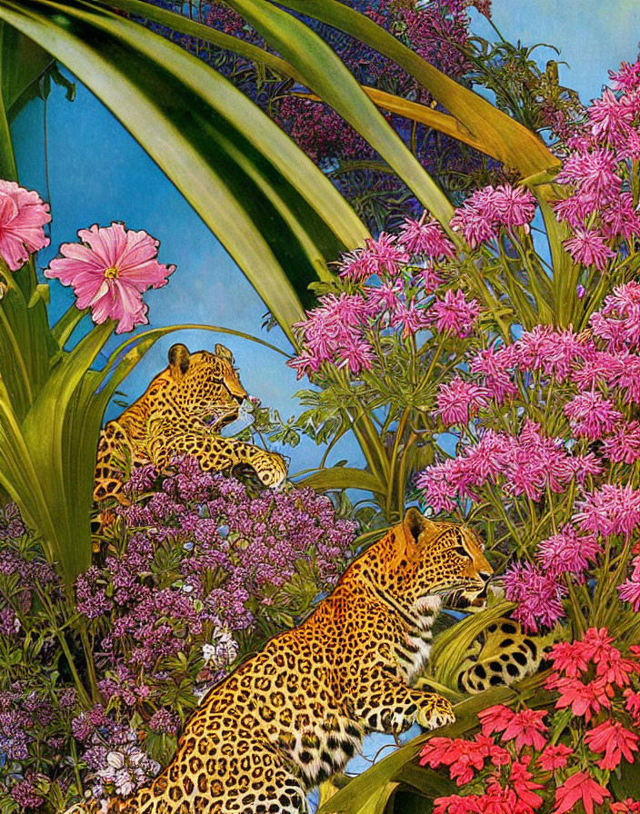 Two jaguars in pink and purple flower jungle with blue sky peeking through