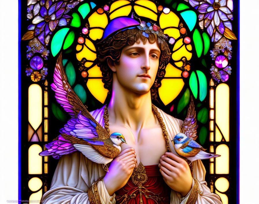 Colorful stained glass artwork: angelic figure with wings, birds, intricate patterns