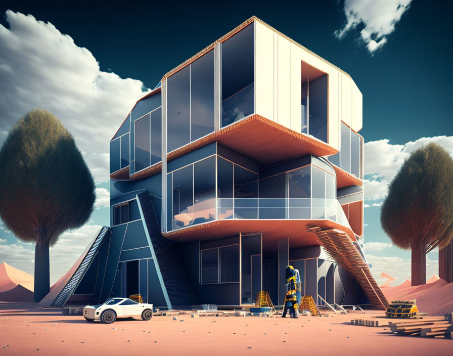 Geometric Futuristic House with Escalators, Robotic Suit Person, and Pink Sky