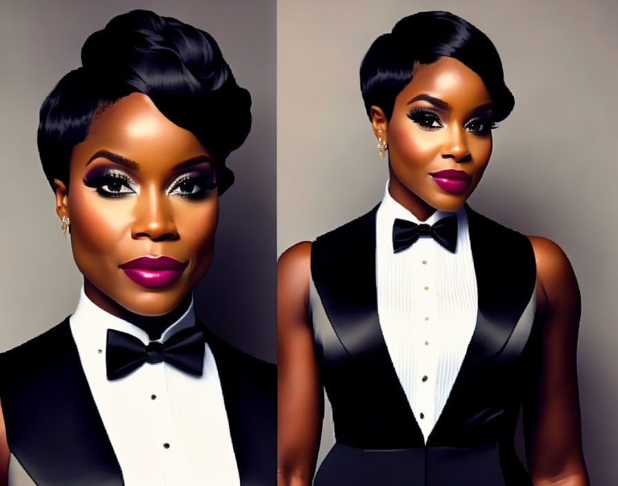 Elegant woman in tuxedo with bold makeup and updo hairstyle