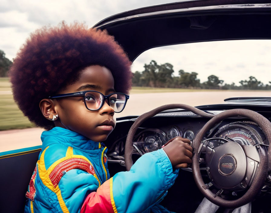 Child with Large Afro and Glasses in Vintage Car with Colorful Jacket