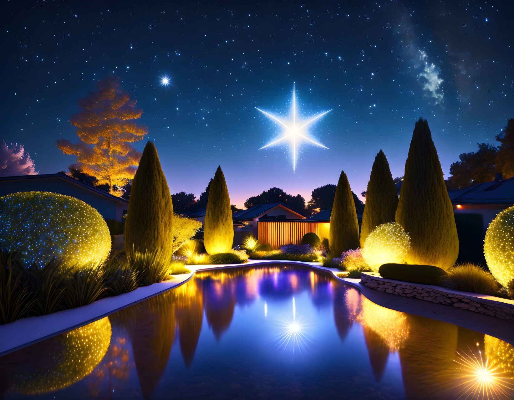 Tranquil backyard night scene with illuminated topiaries and starlit sky