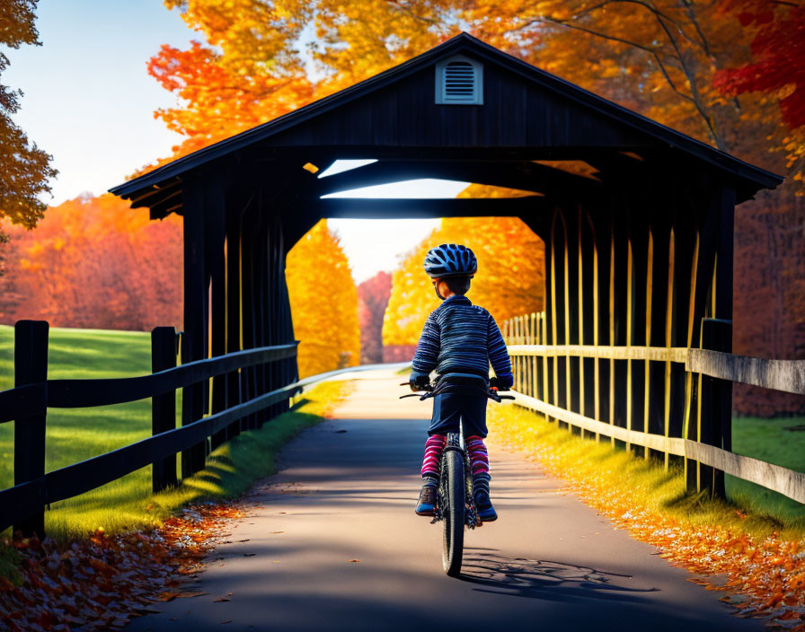 Child biking through autumn-covered bridge.