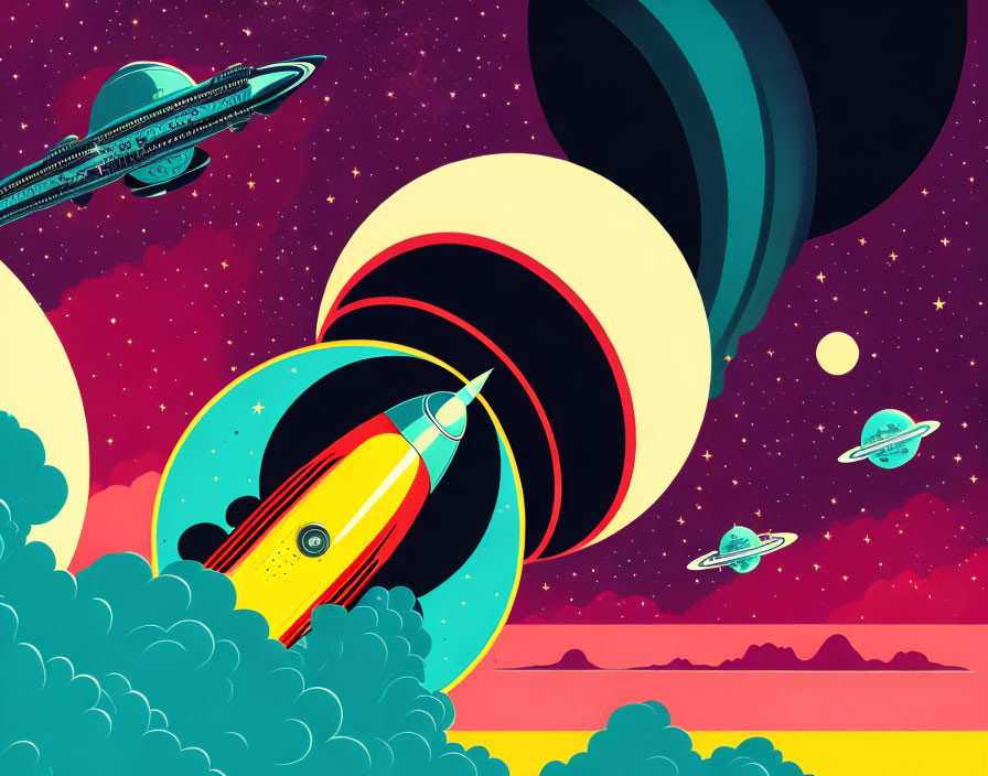 Colorful retro-futuristic space scene with rocket, planets, stars, and UFOs on red