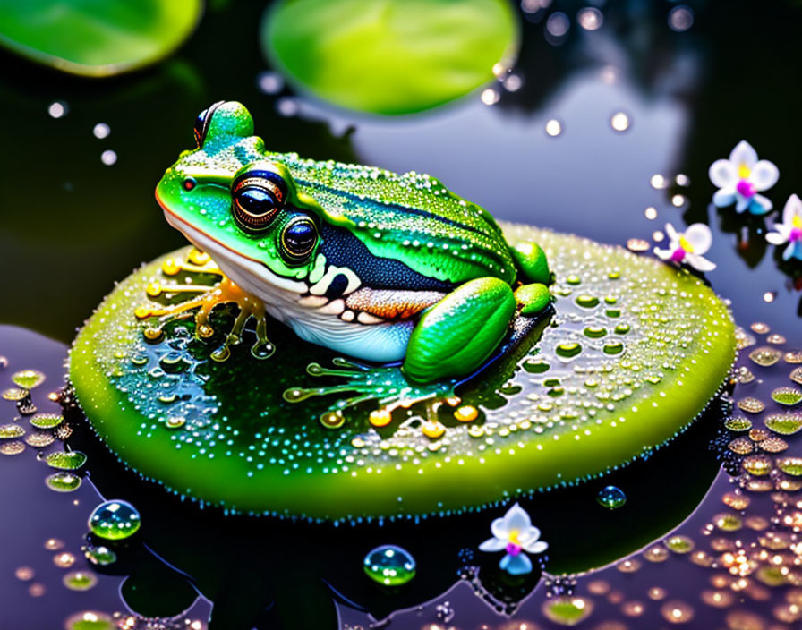 Colorful Frog on Green Lily Pad with Water Droplets and Flowers
