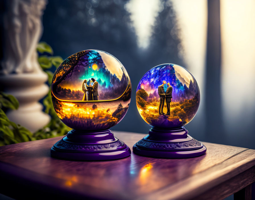 Crystal balls on wooden surface showing man and woman embracing in nature scenes with sunset.