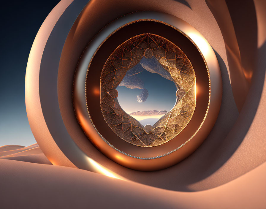 Surreal concentric rings and floating island in desert sunset
