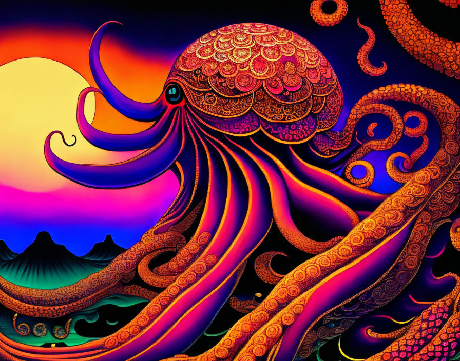 Colorful octopus illustration with sun, mountains, and gradient sky.