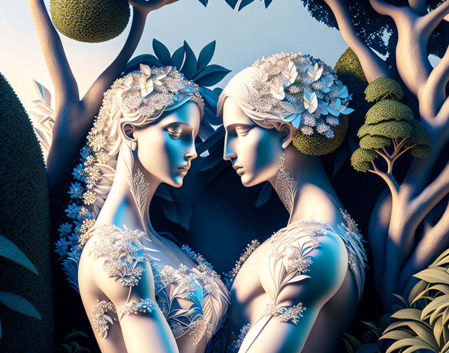 Illustrated female figures with nature-inspired headdresses in ornate dresses against a nocturnal forest backdrop