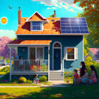 Suburban scene with blue two-story house and solar panels, people enjoying leisure activities outdoors