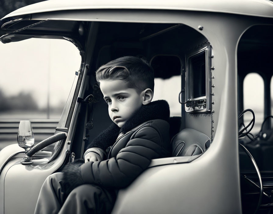 A boy sitting along dad’s first car