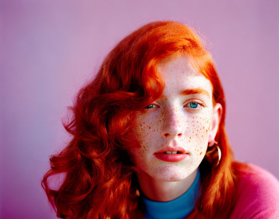 Vibrant red-haired person with freckles on pink background wearing blue top