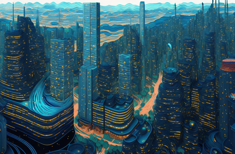 Futuristic cityscape with towering skyscrapers and illuminated hills
