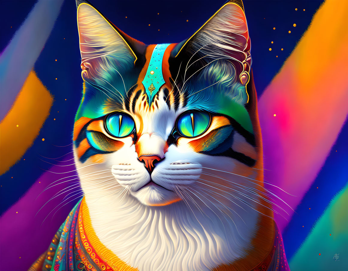 Colorful digital artwork: Cat with blue eyes in ornate outfit on vibrant background