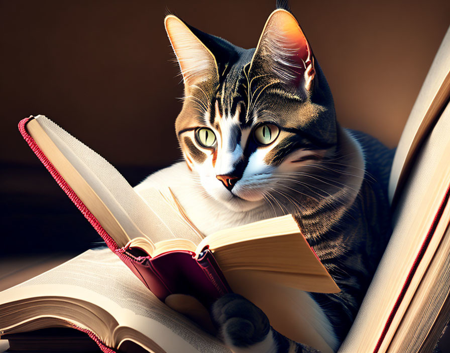 Tabby Cat Reading Book Under Sunlight