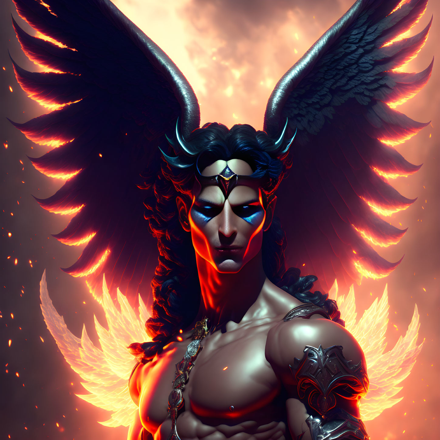 Mythical being with black wings and red eyes in fiery setting