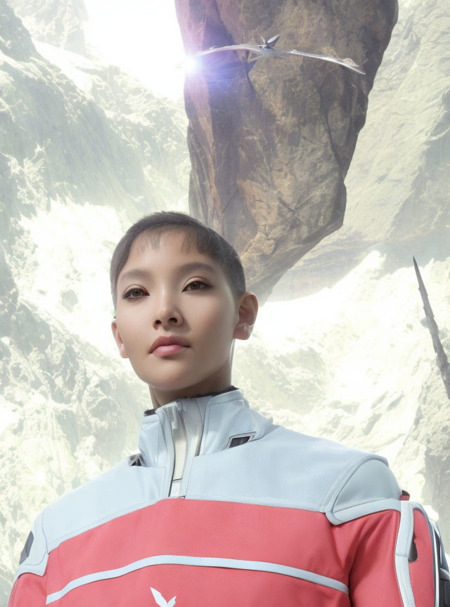 Buzz cut person in futuristic suit with spaceship in rocky terrain