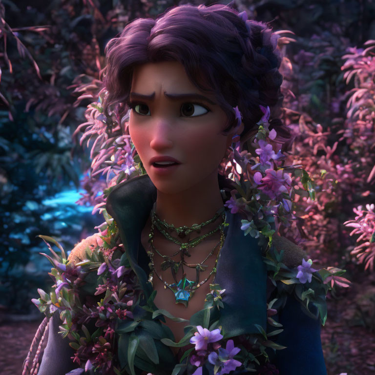 Animated female character in purple flora with flower necklace and blue pendant