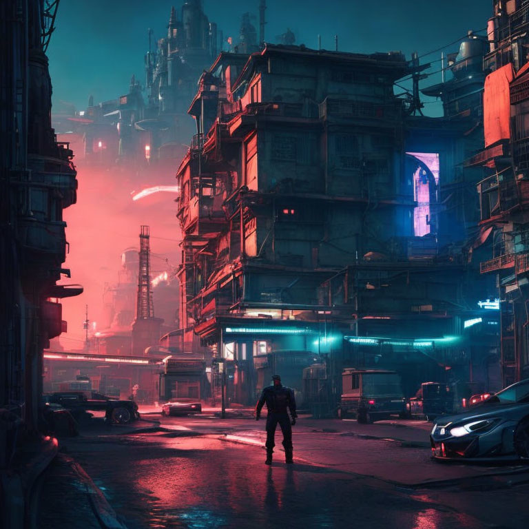 Futuristic city street scene with lone figure at dusk