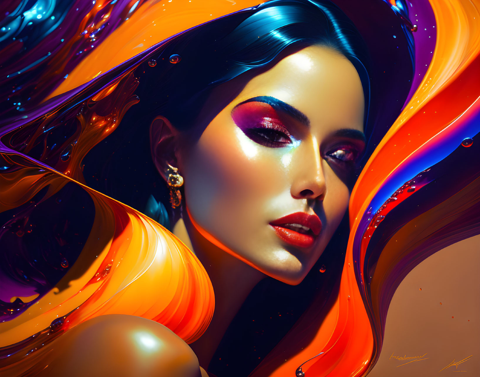  Beautiful Woman appearing from colorful liquid oi