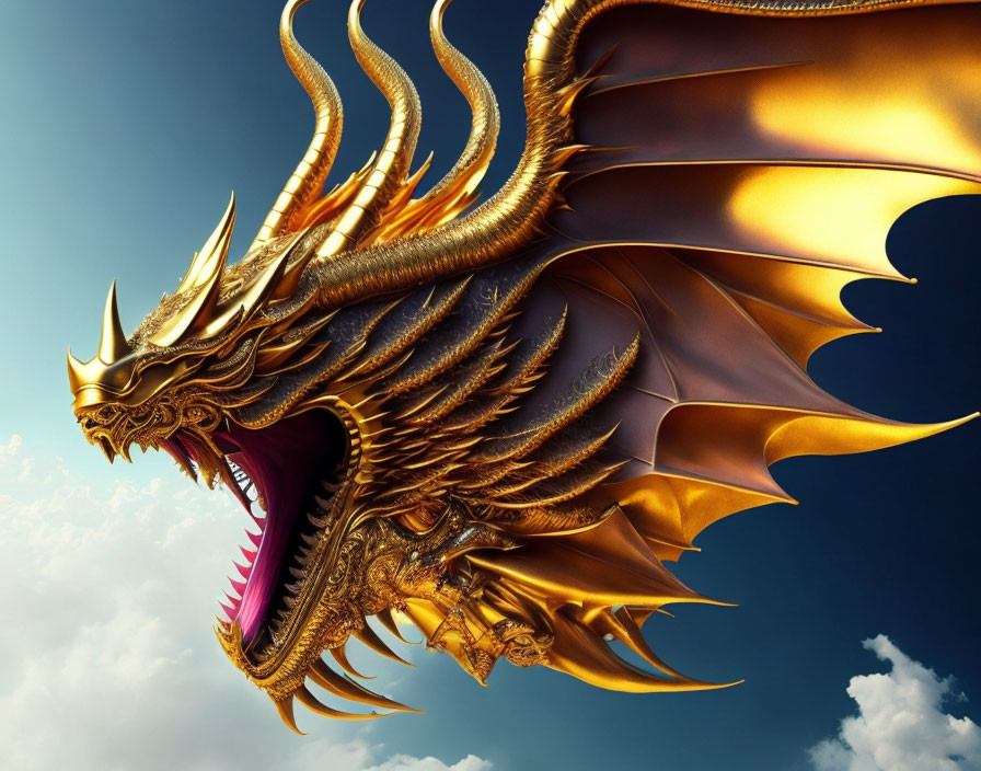 Golden dragon with intricate scales and elaborate horns roaring in the sky