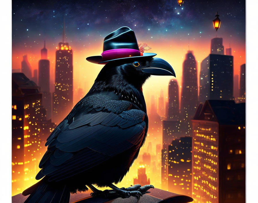 Stylized illustration of a raven with hat against starry city skyline