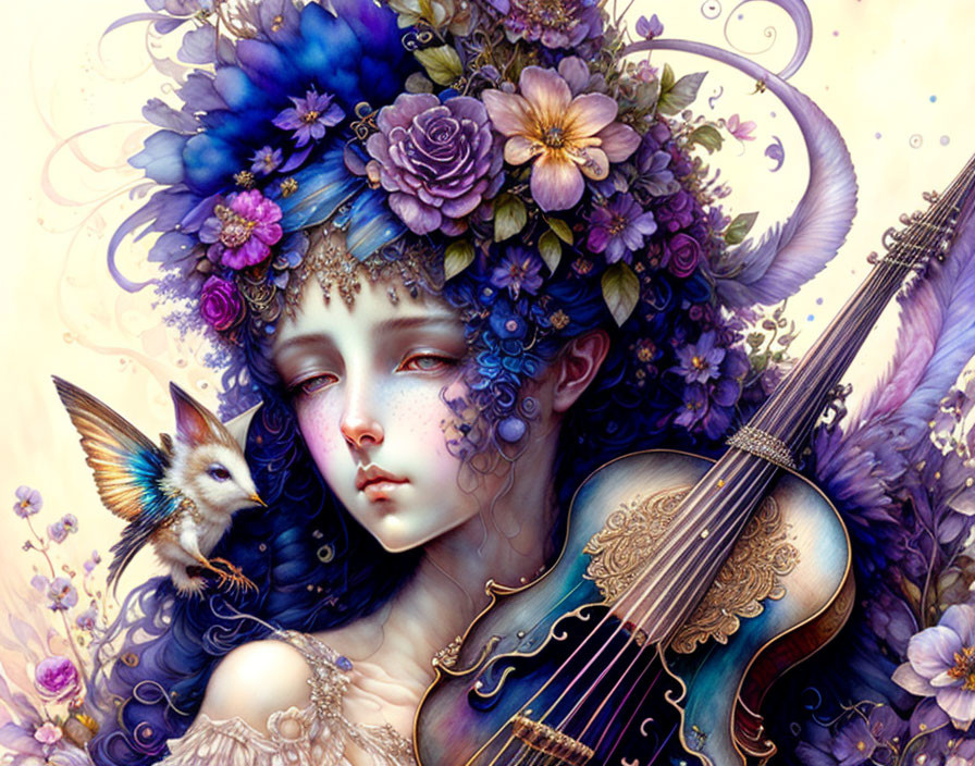 Fantasy illustration of person with floral headdress, bird, and violin