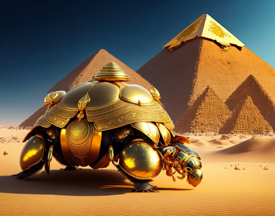 Golden Scarab Beetle in Desert Pyramid Setting with Egyptian Decorations