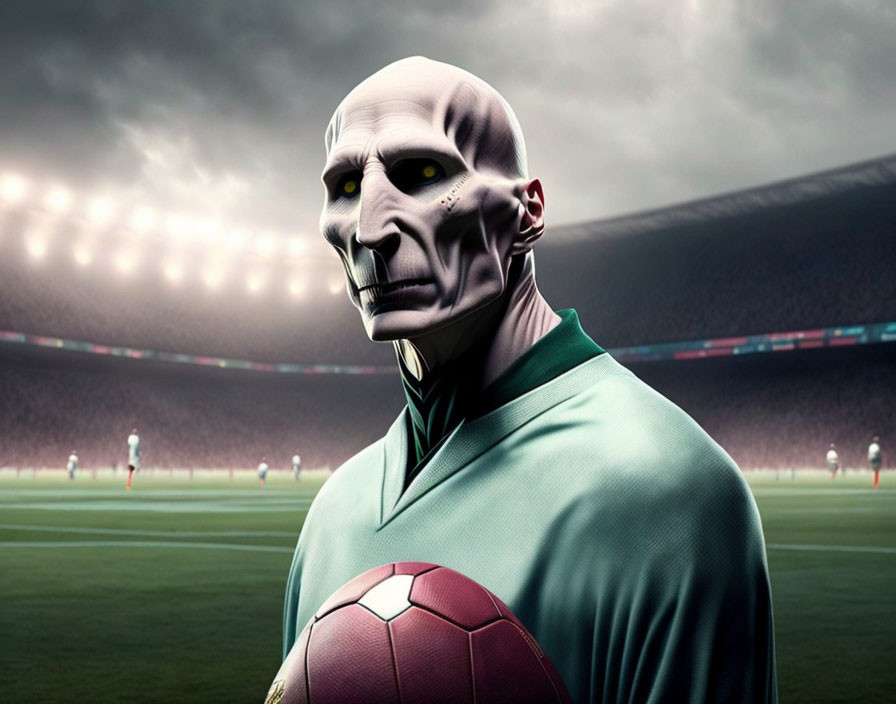 Character resembling Lord Voldemort with football in stadium background