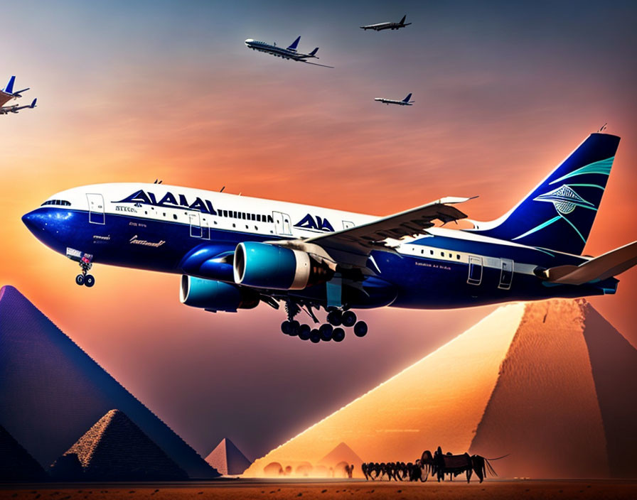 Airplanes flying over pyramids with camels at sunset