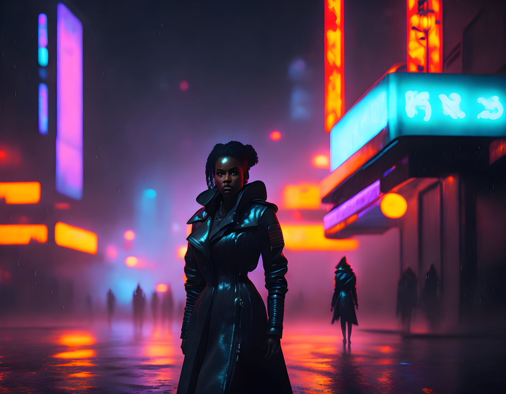 Futuristic woman in black outfit under neon lights at night