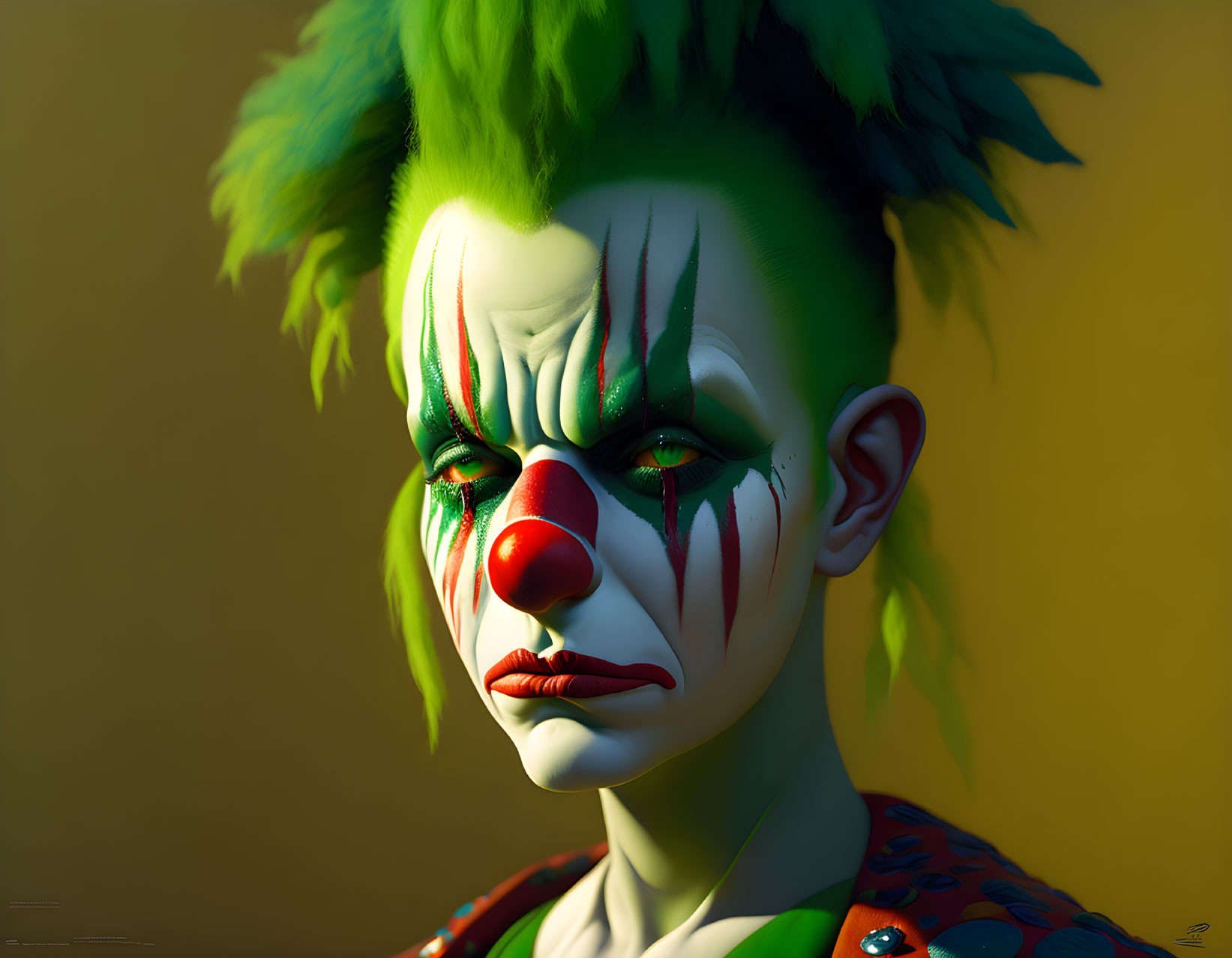 Melancholic clown with green hair and red nose on golden background