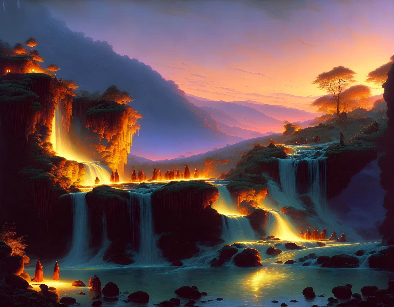 Mystical landscape with luminous waterfalls and tranquil blue pool