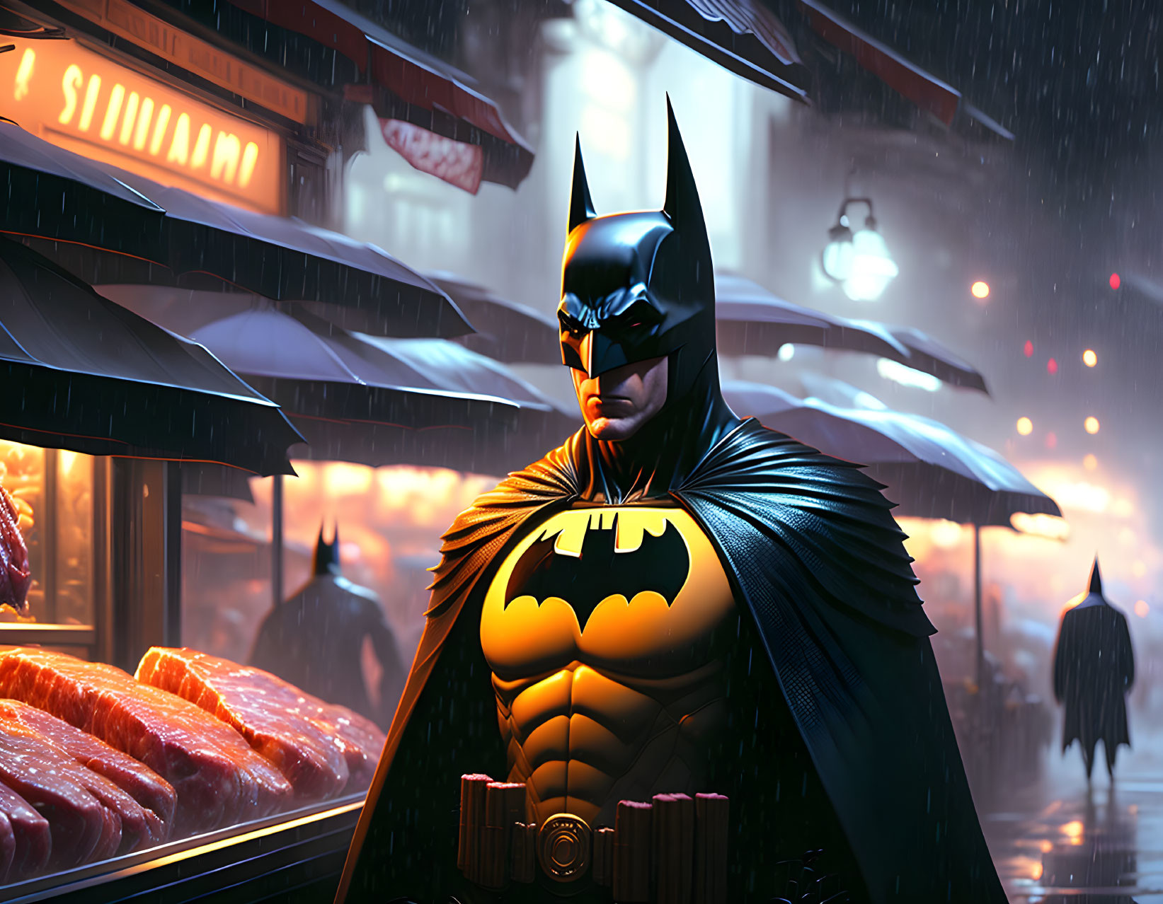 Determined Batman in rainy neon-lit street with passersby & Asian-style signage