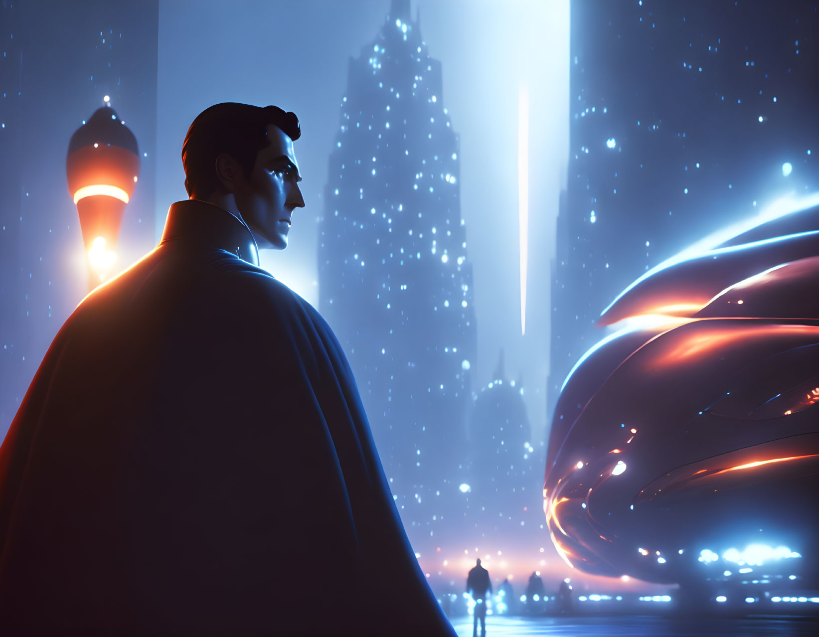 Superhero illustration overlooking futuristic cityscape at night