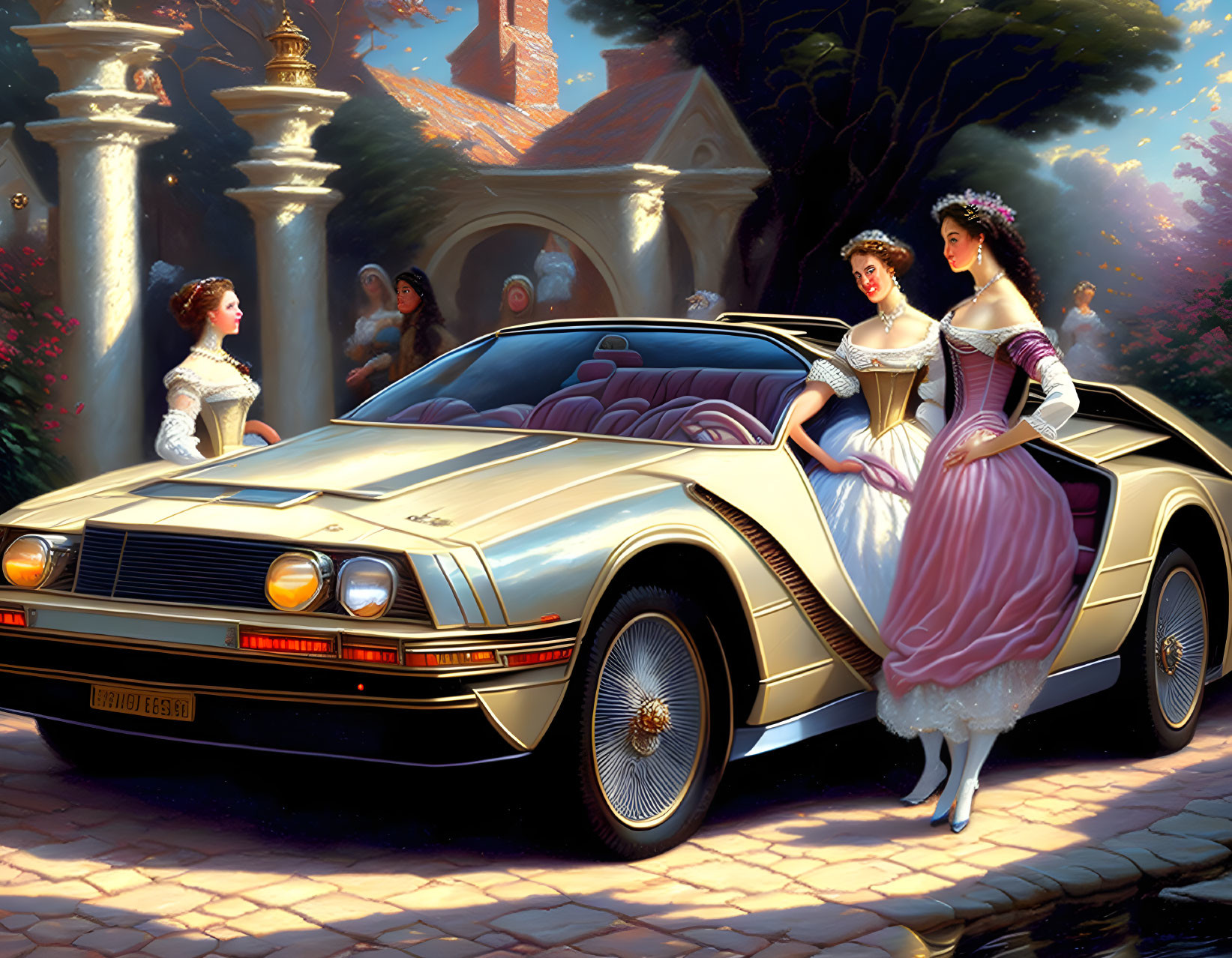 Elegantly Dressed Women in Historical Attire with Futuristic Golden Car