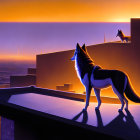 Two wolves on geometric platforms overlooking twilight landscape.