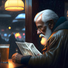 Elderly man with white beard reading newspaper in dimly lit bar