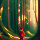 Child in Red Coat Standing in Sunlit Forest with Towering Trees and Red Flowers
