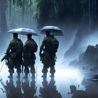 Soldiers with rifles in jungle rain near lit armored vehicle