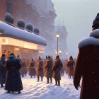 People in winter coats walking in snowy cityscape at twilight